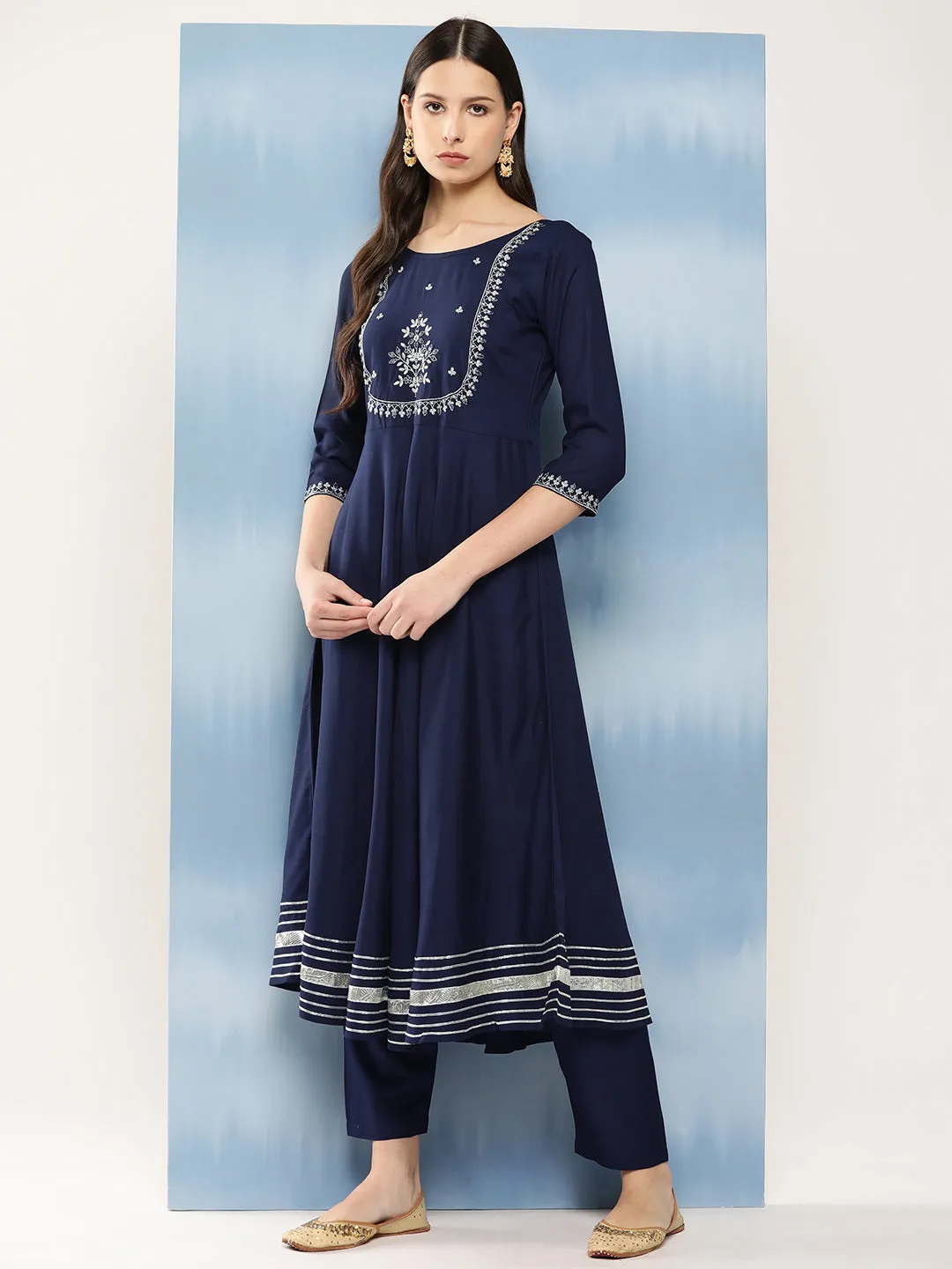 Women Navy Blue Embroidered Anarkali Kurta With Trouser And Dupatta