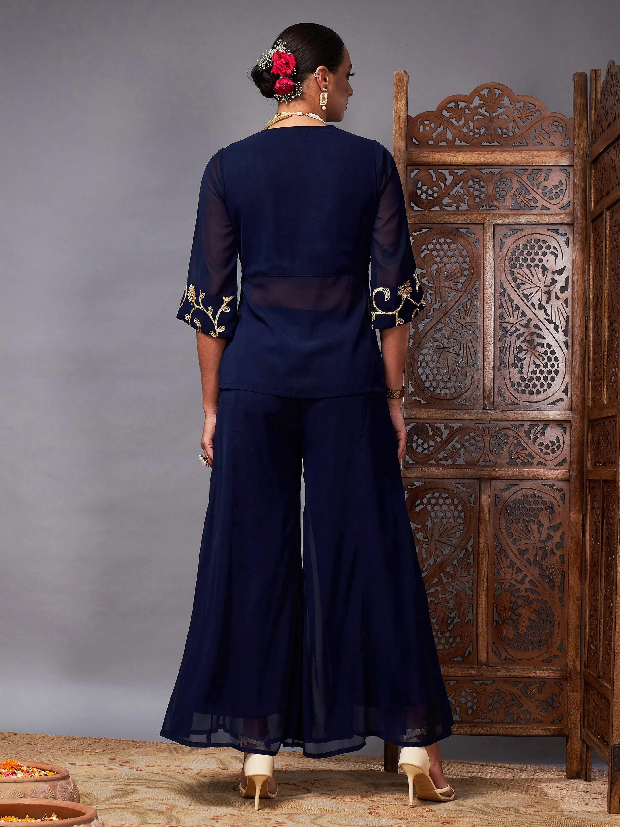 Women Navy Gota Embroidered Top With Palazzos