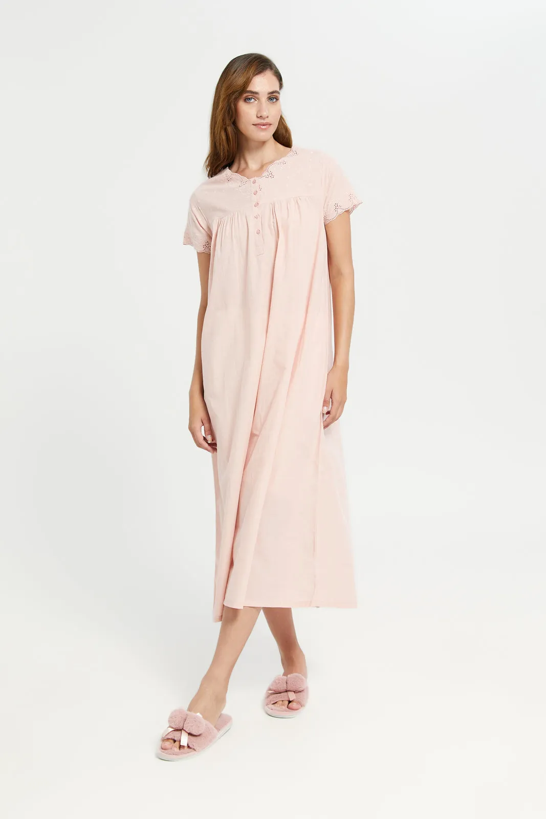 Women Pink Solid Embroidery Nightgown